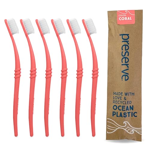 Preserve Ocean Plastic Initiative POPI Adult Toothbrush Made in USA from Recycled Ocean Plastic Coral Soft 6 Count